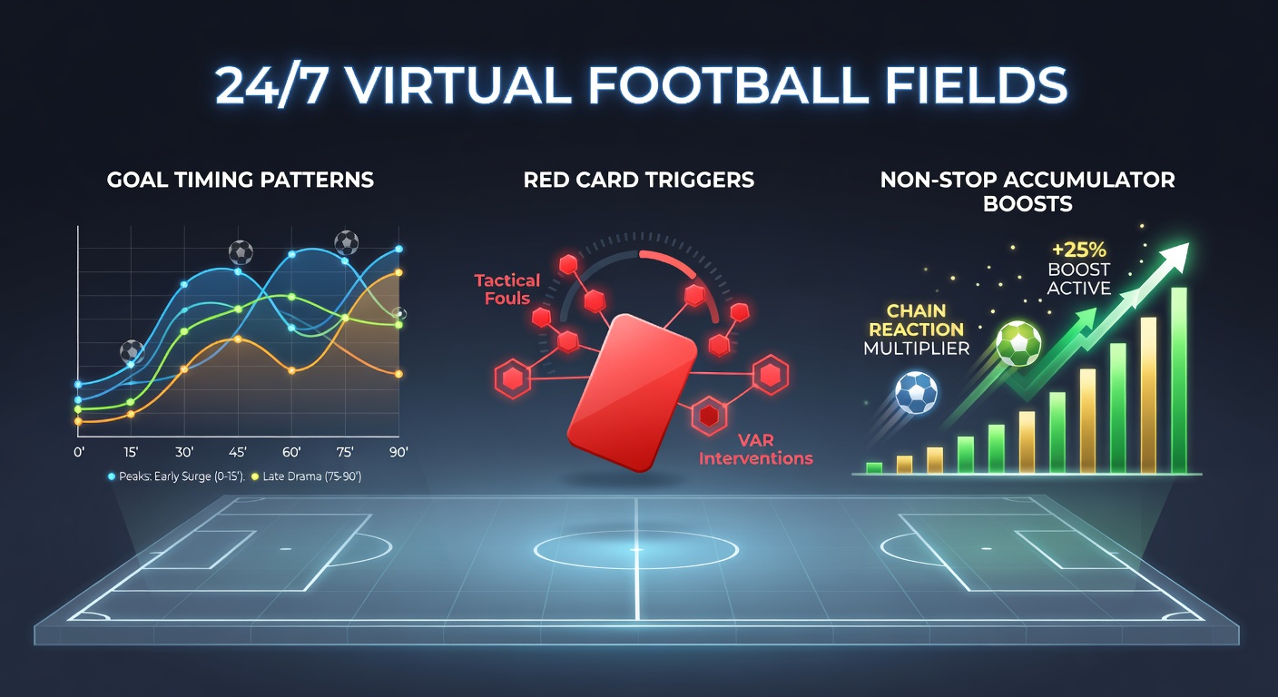 Vibrant virtual football pitch simulation showing players in action under stadium lights, highlighting dynamic goal-scoring moments