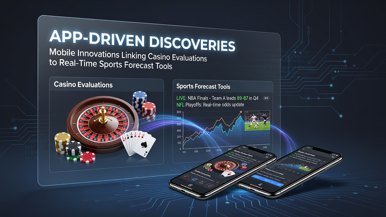 Mobile app interface showing integrated casino reviews and live sports prediction dashboards