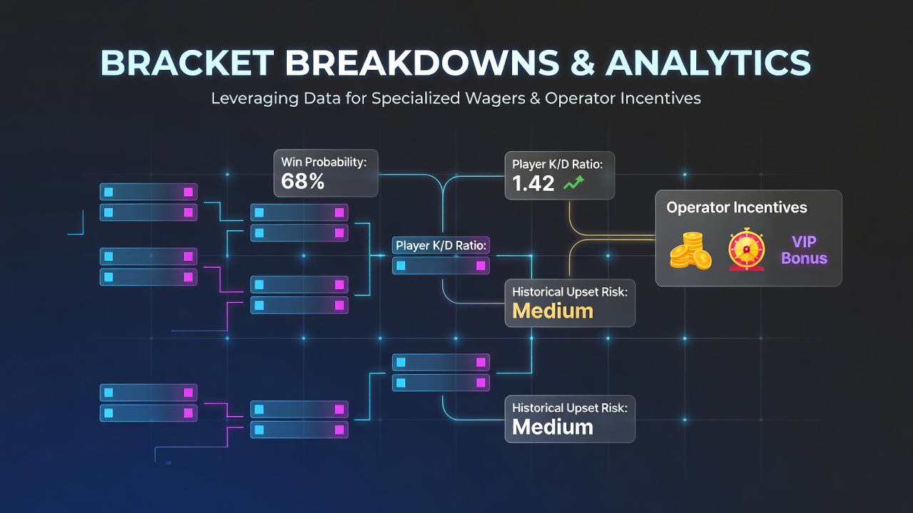 Esports tournament bracket displayed on multiple screens with data overlays showing team statistics and analytics metrics
