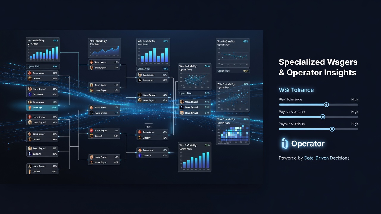 Detailed esports bracket visualization with highlighted analytics paths, probability percentages, and incentive icons for betting operators