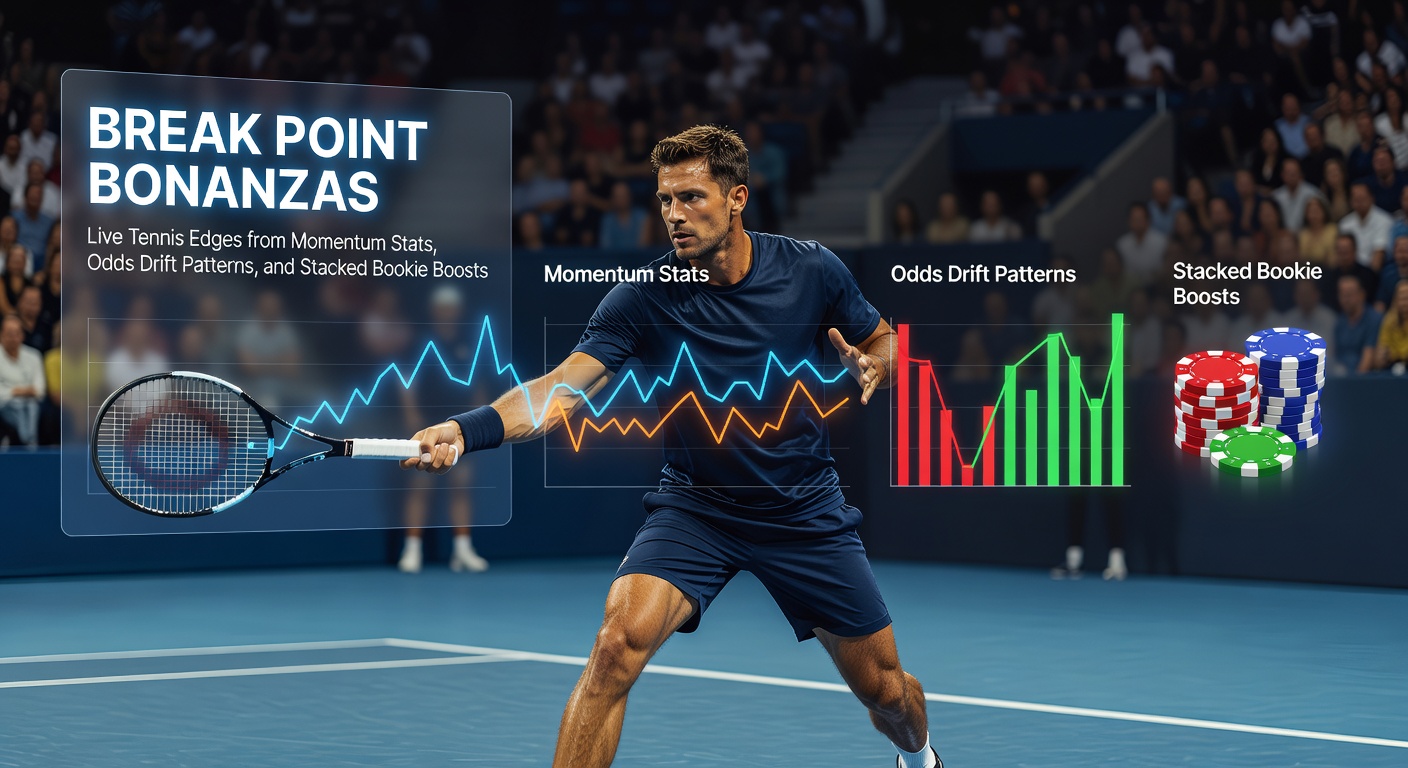 Dynamic live tennis match with players at break point, odds screen overlay showing drifts and boosts