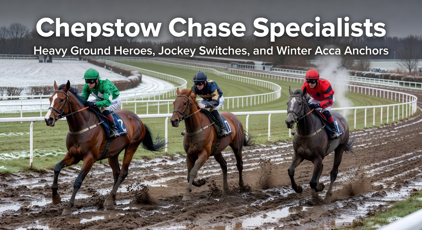 Chepstow racecourse under heavy winter conditions with horses navigating the chase course, mud flying from hooves as they tackle fences