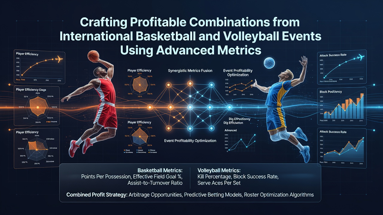 International basketball and volleyball courts with data overlays showing advanced performance metrics