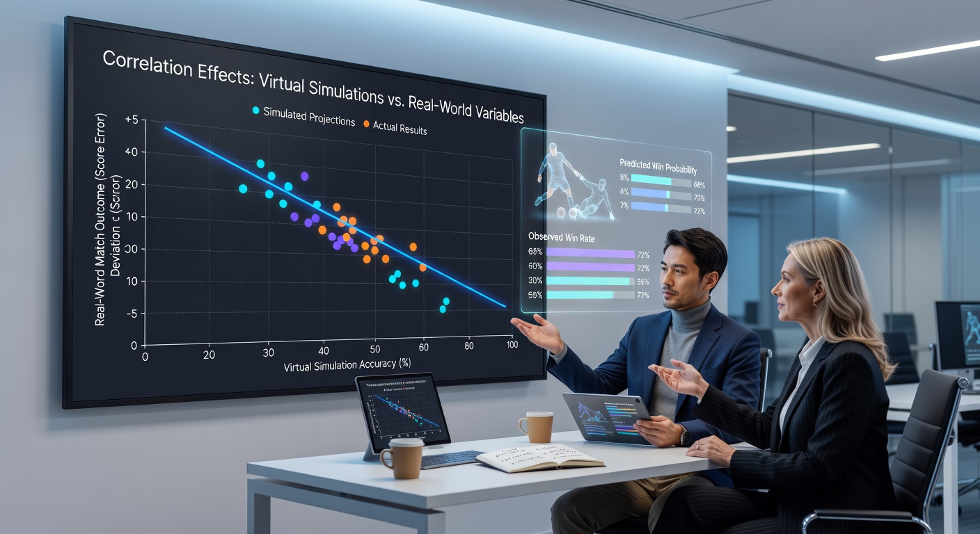 Virtual simulation interface displaying football match data overlaid with real-world performance metrics on multiple screens