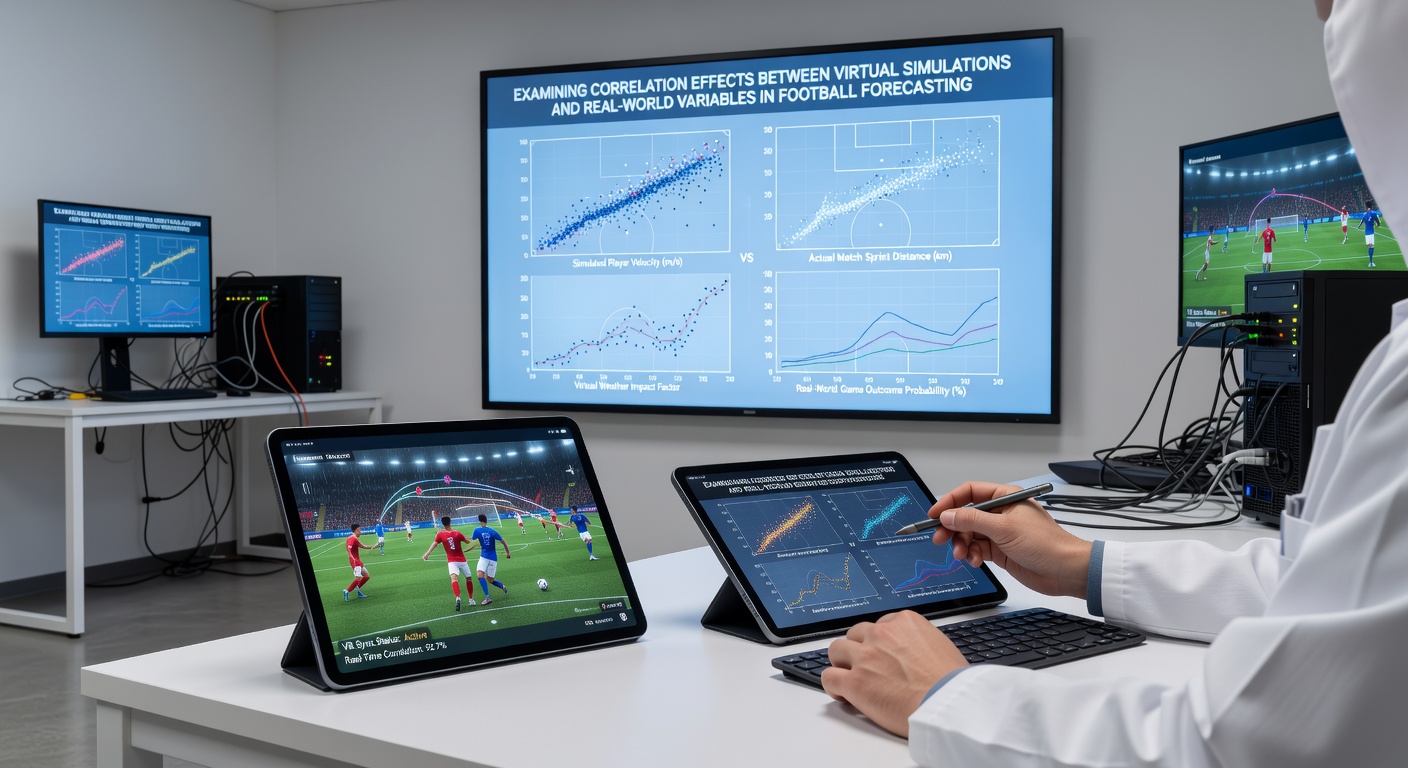 Data visualization charts comparing virtual simulation outputs against live football match statistics for player positioning and environmental factors
