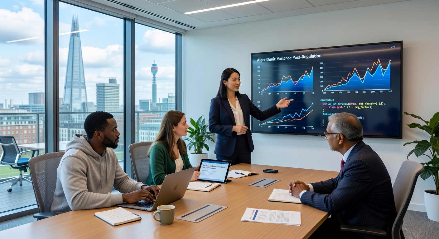 Data analysts reviewing sports prediction model outputs during regulatory compliance review