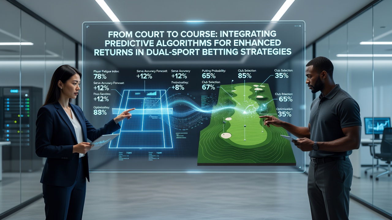 Tennis court and horse racing track overlaid with data analytics graphics showing predictive model outputs