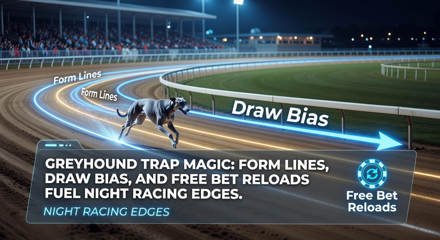 Greyhound racing at night under floodlights, traps opening with dogs charging out