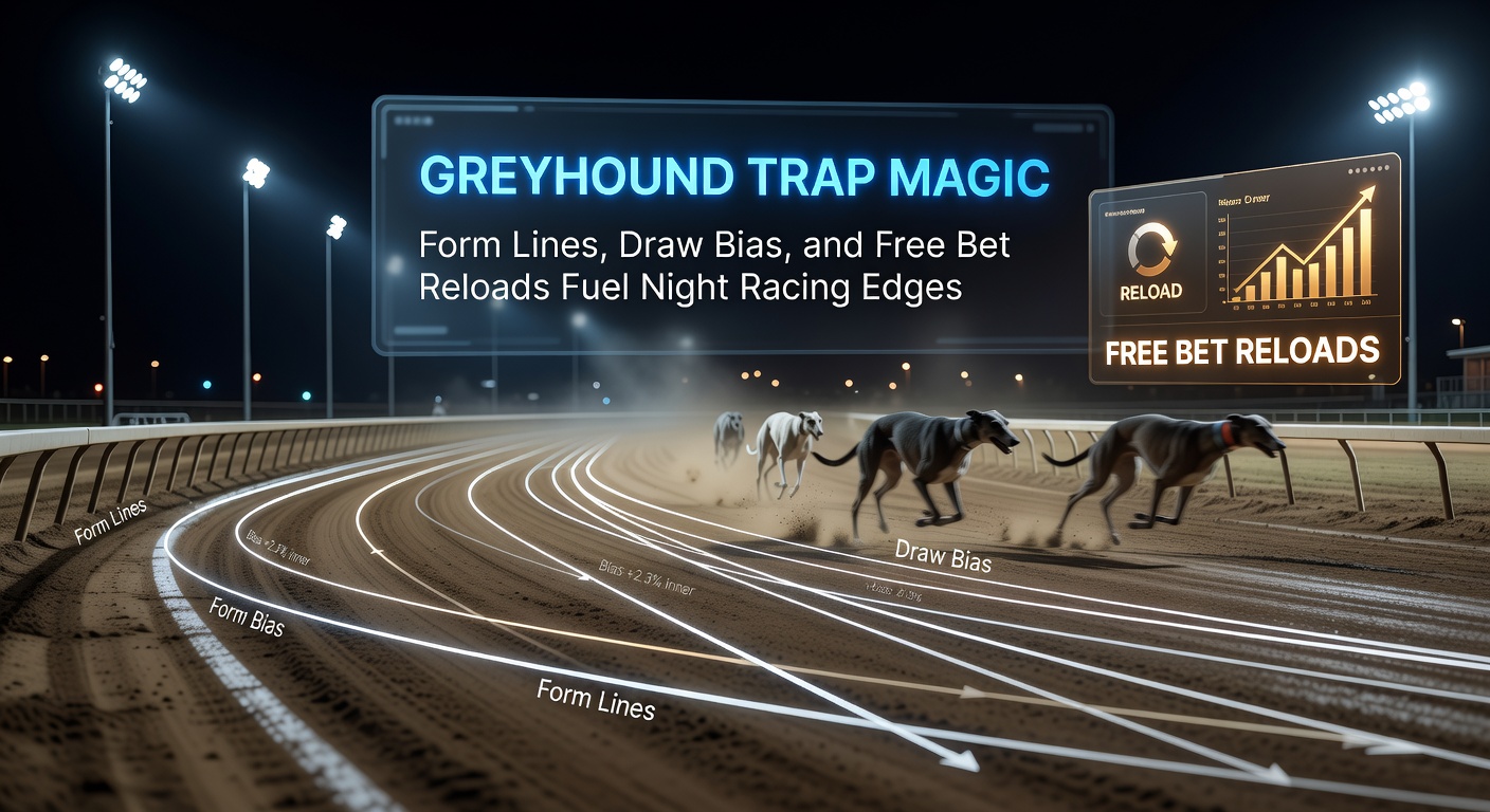 Close-up of greyhound traps at a night race, with form line charts overlaid digitally