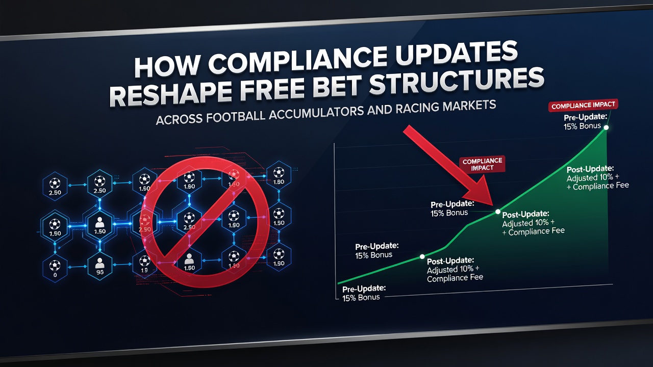 Illustration of regulatory documents and betting slips showing compliance updates affecting football and racing free bets