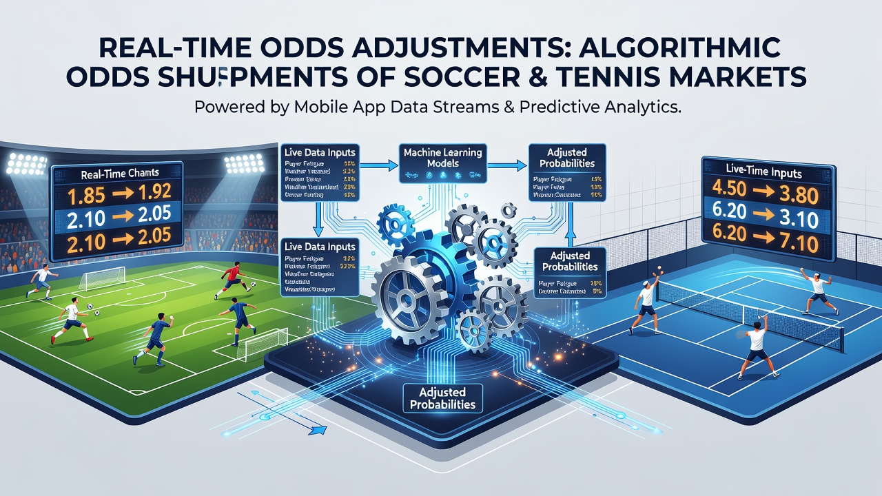 Mobile app interface displaying live soccer and tennis betting odds with algorithmic adjustments