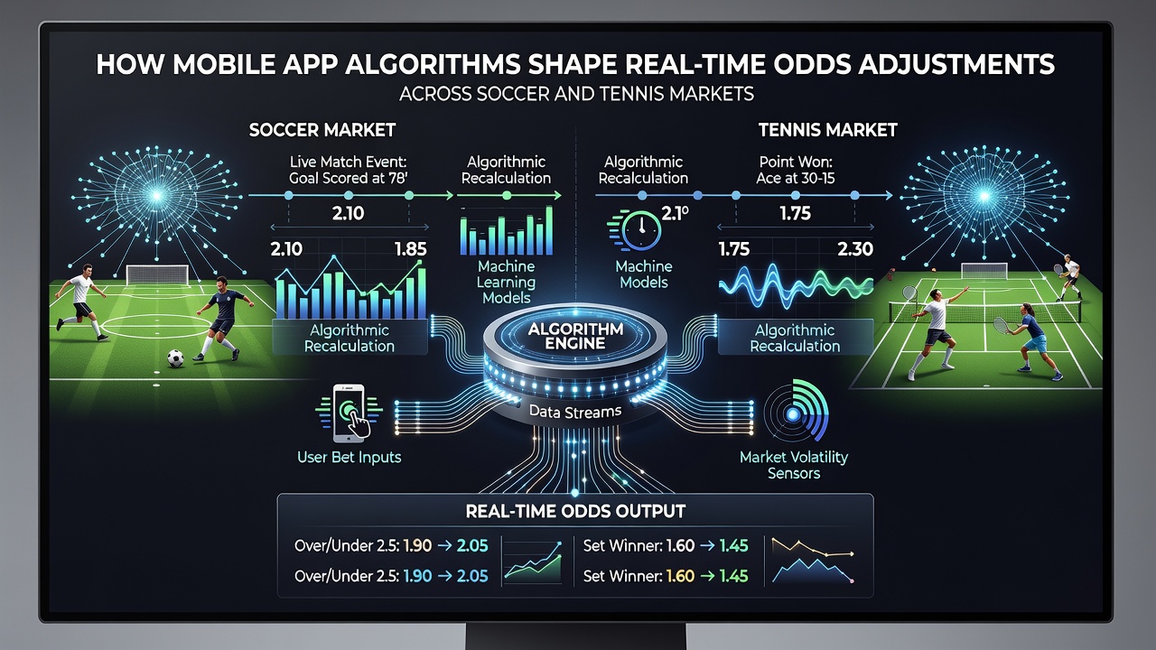 Tennis court scene with overlaid data visualizations showing real-time odds changes on a mobile device