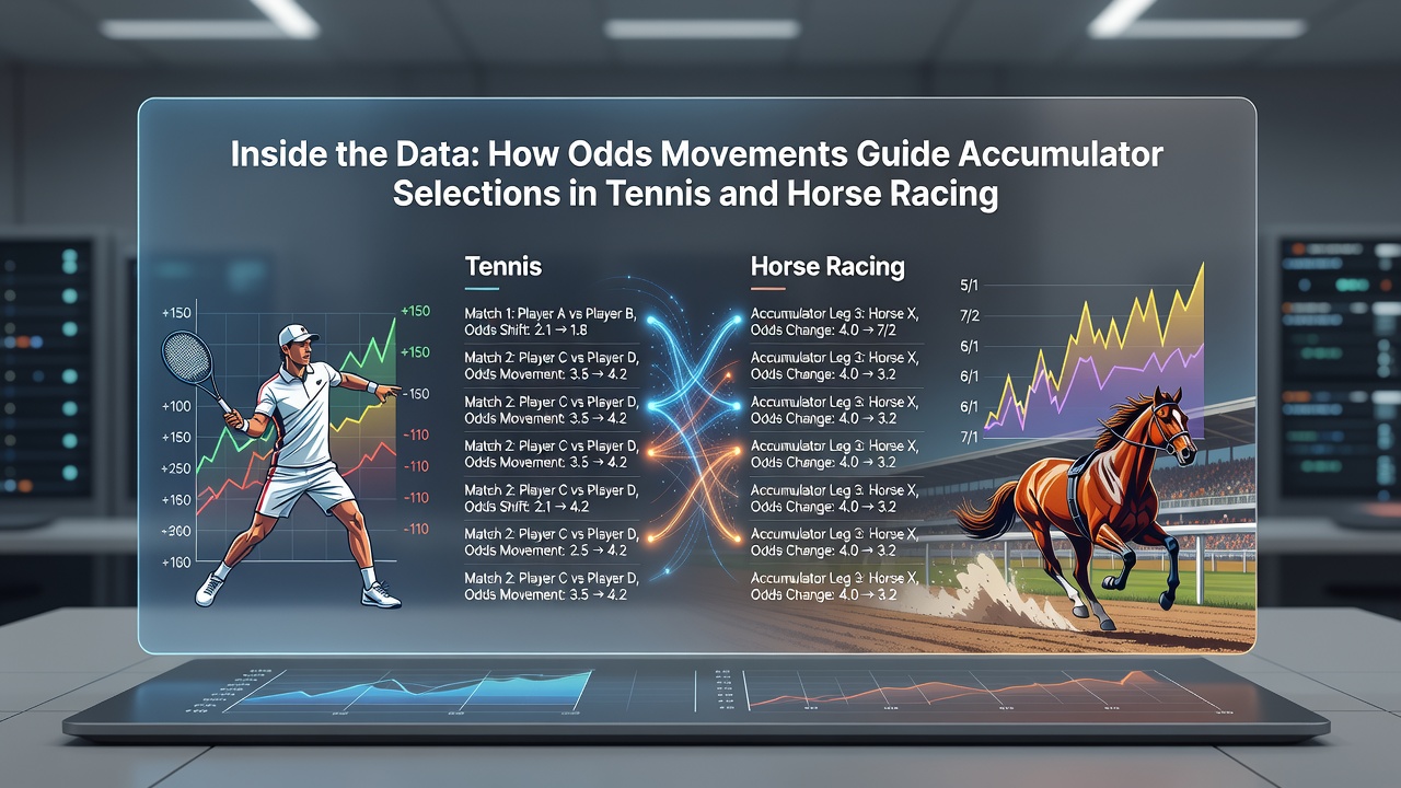 Visual breakdown of accumulator construction steps linking tennis and horse racing odds data with casino promotion triggers