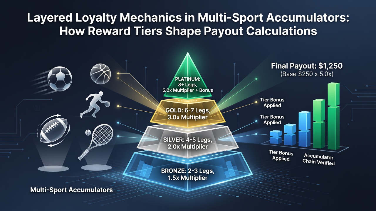 Infographic showing payout calculation flow for tiered rewards in tennis and greyhound accumulators