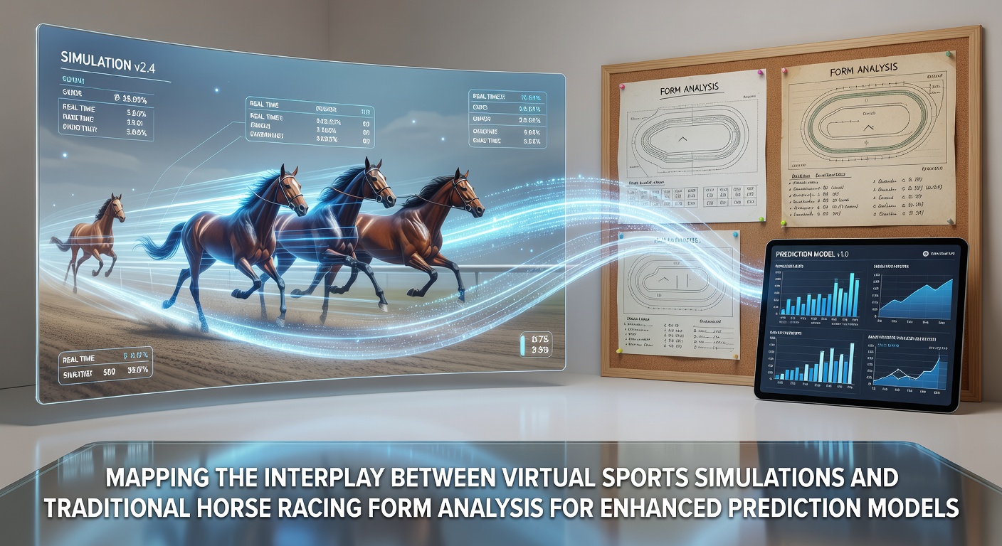 Virtual horse racing simulation interface overlaid with traditional form charts and speed ratings from past races