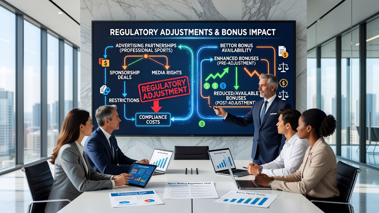Sports stadium with advertising boards showing regulatory compliance notices and betting partnership adjustments