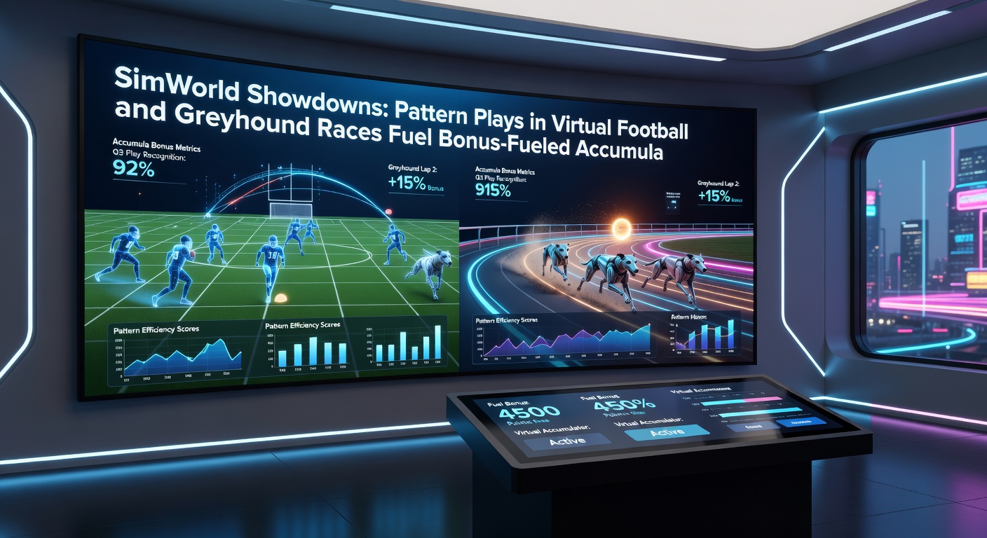 High-speed SimWorld greyhound pack rounding a tight bend under virtual lights