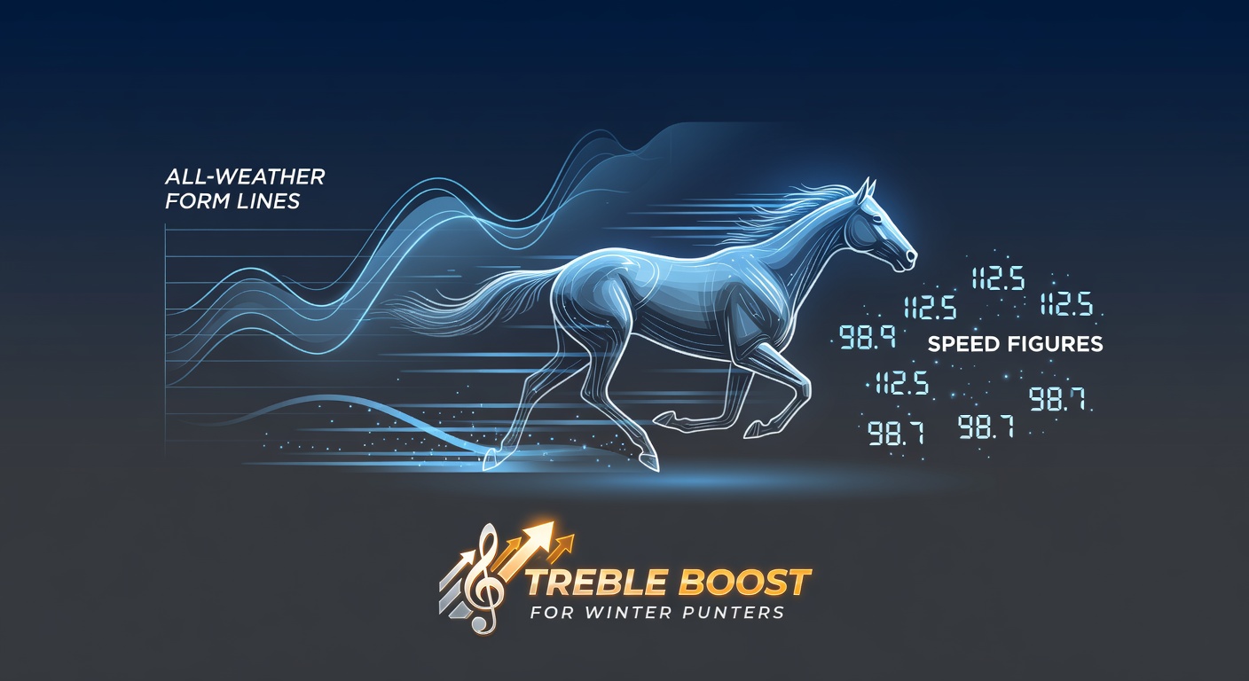 Horse racing on a synthetic all-weather track under winter lights, with speed figures overlaid on the image