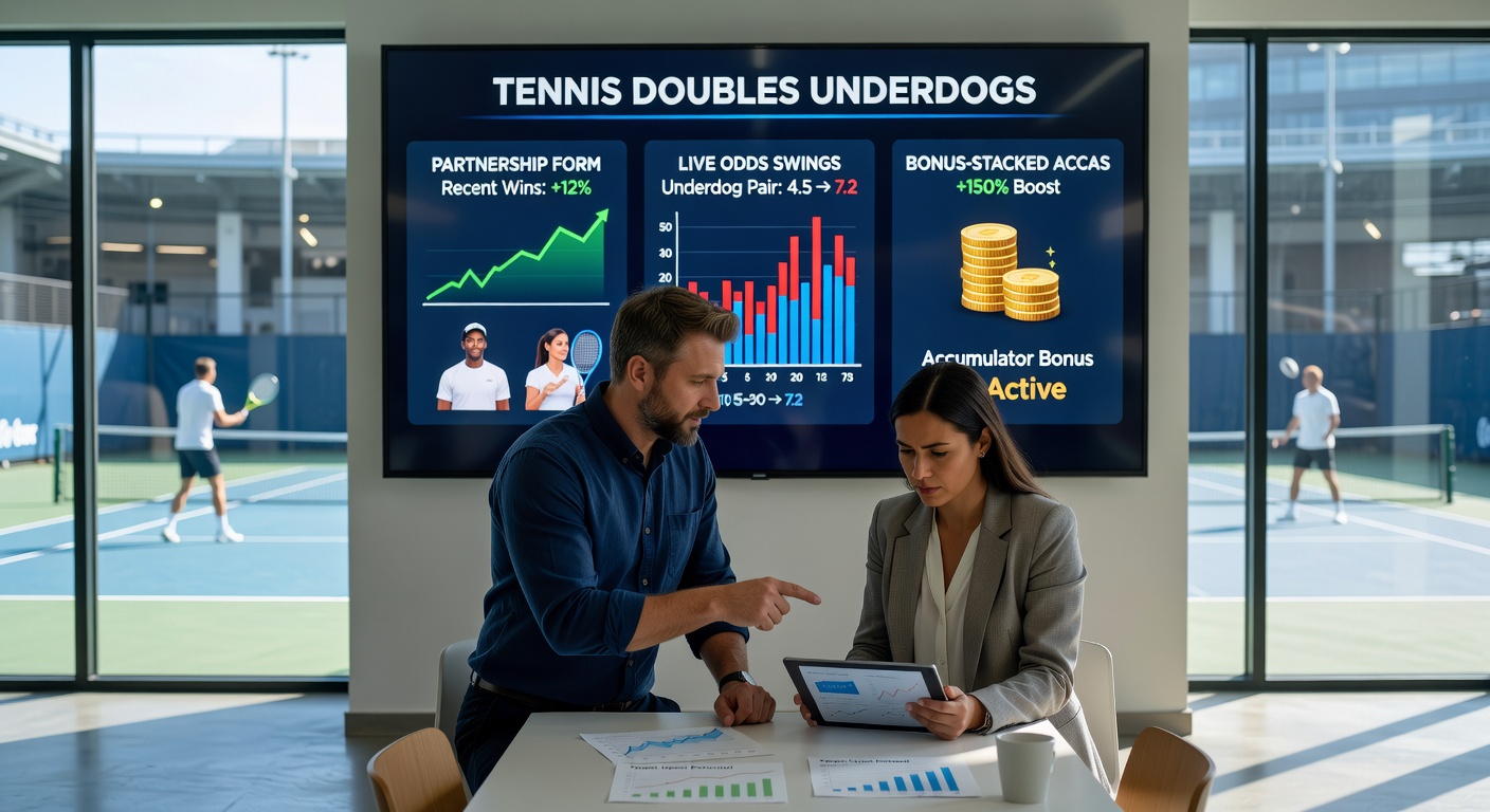 Close-up of tennis doubles match with live odds overlay during intense rally on hard court