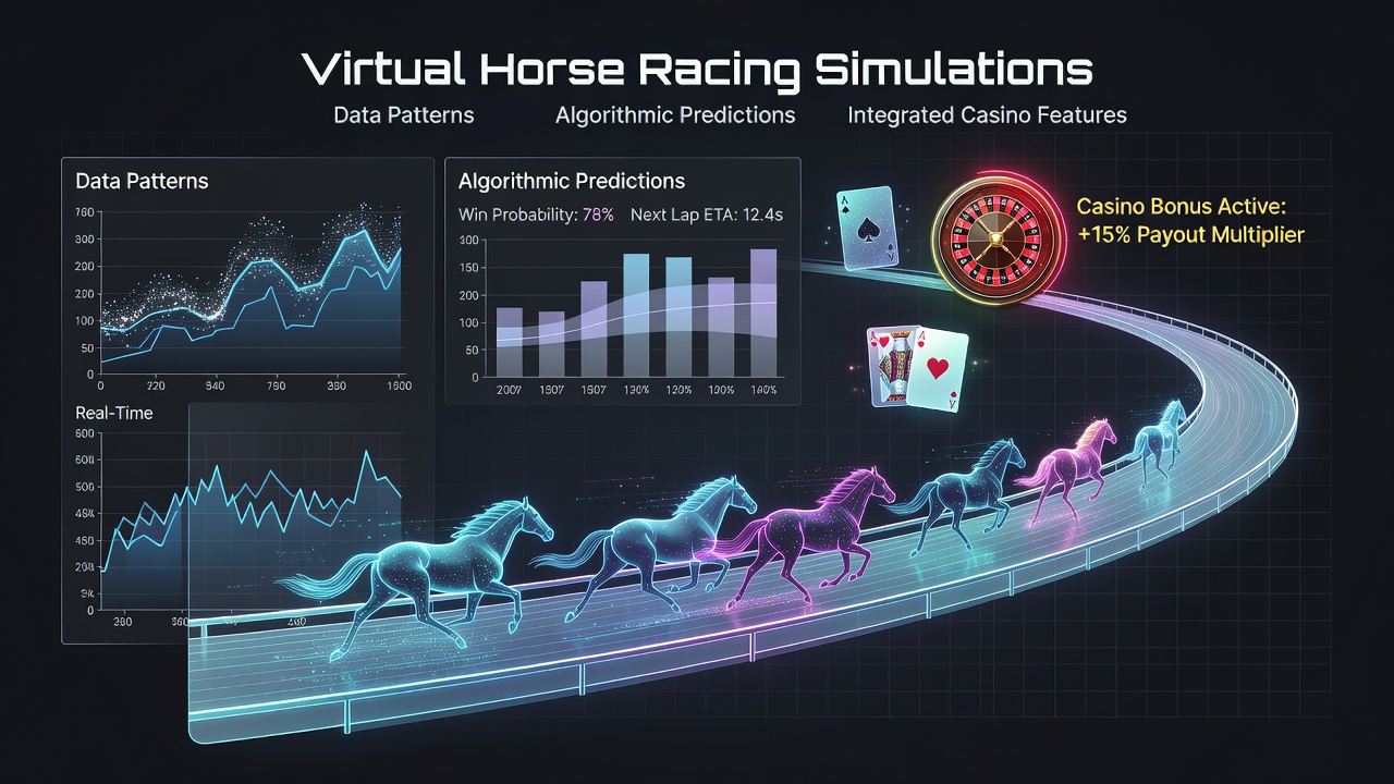 Virtual horse racing simulation interface showing data overlays and race tracks