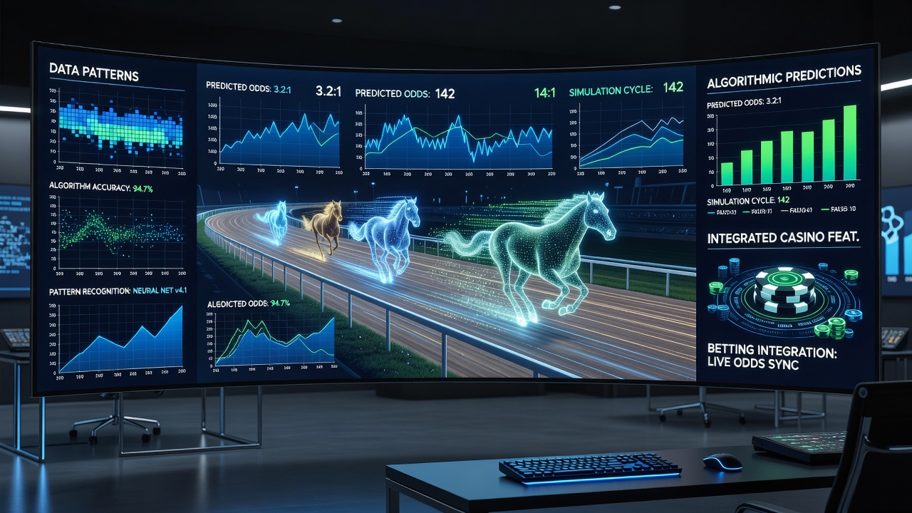 Integrated casino interface combining virtual horse racing with slot bonus rounds and promotional overlays