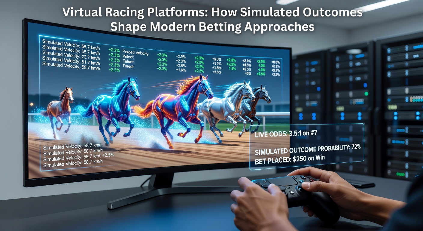 Virtual racing platform interface showing simulated horse race with betting odds overlay