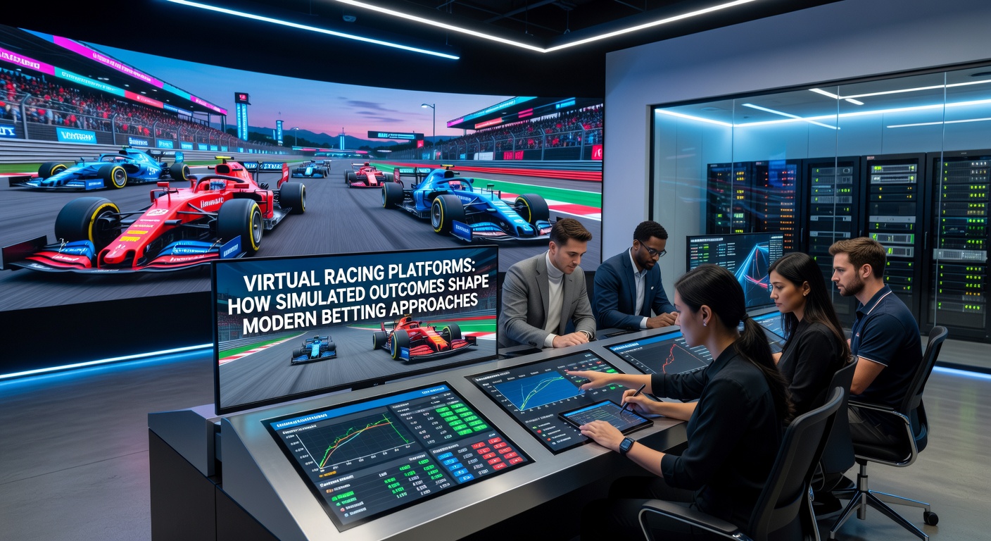 Bettor reviewing virtual racing statistics on a tablet with multiple race replays visible